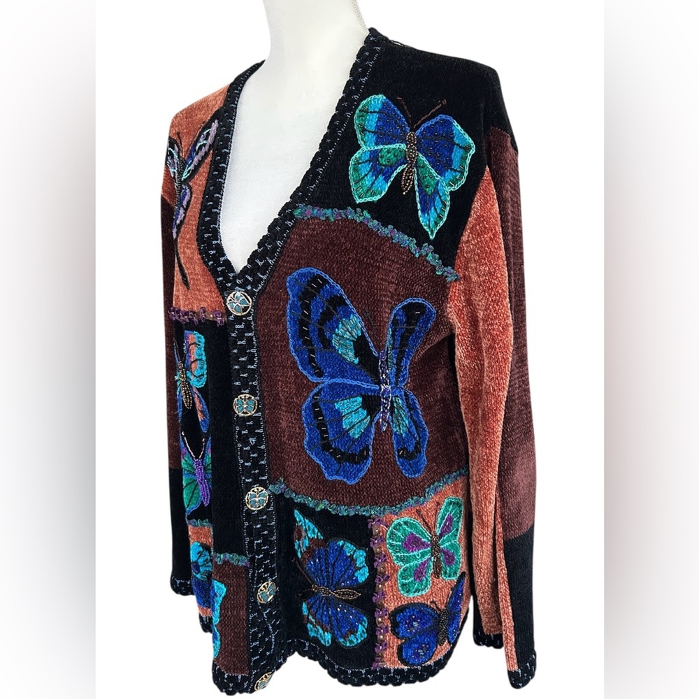 Vintage Elegant Butterfly Embroidered Cardigan - Black and Brown - Picture 2 of 11